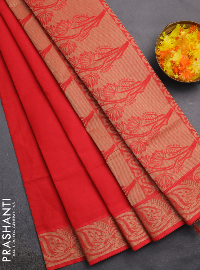 Coimbatore cotton saree red with allover self emboss and thread woven border