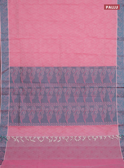 Coimbatore cotton saree peach pink and teal green with allover self emboss and thread woven border