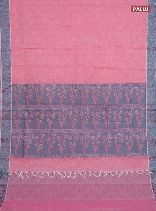 Coimbatore cotton saree peach pink and teal green with allover self emboss and thread woven border