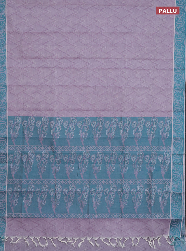 Coimbatore cotton saree pastel lavender and teal green with allover self emboss and thread woven border