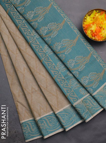 Coimbatore cotton saree dark sandal and teal green with allover self emboss and thread woven border