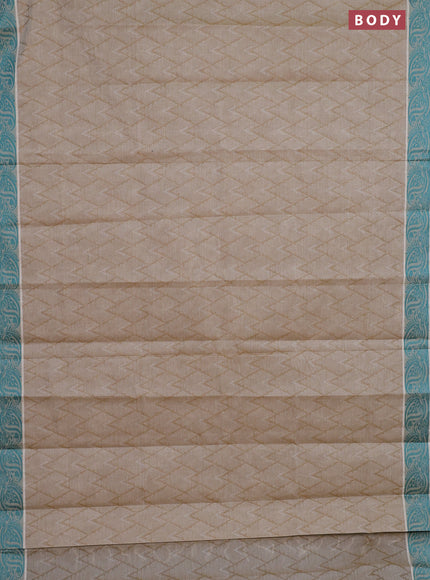 Coimbatore cotton saree dark sandal and teal green with allover self emboss and thread woven border