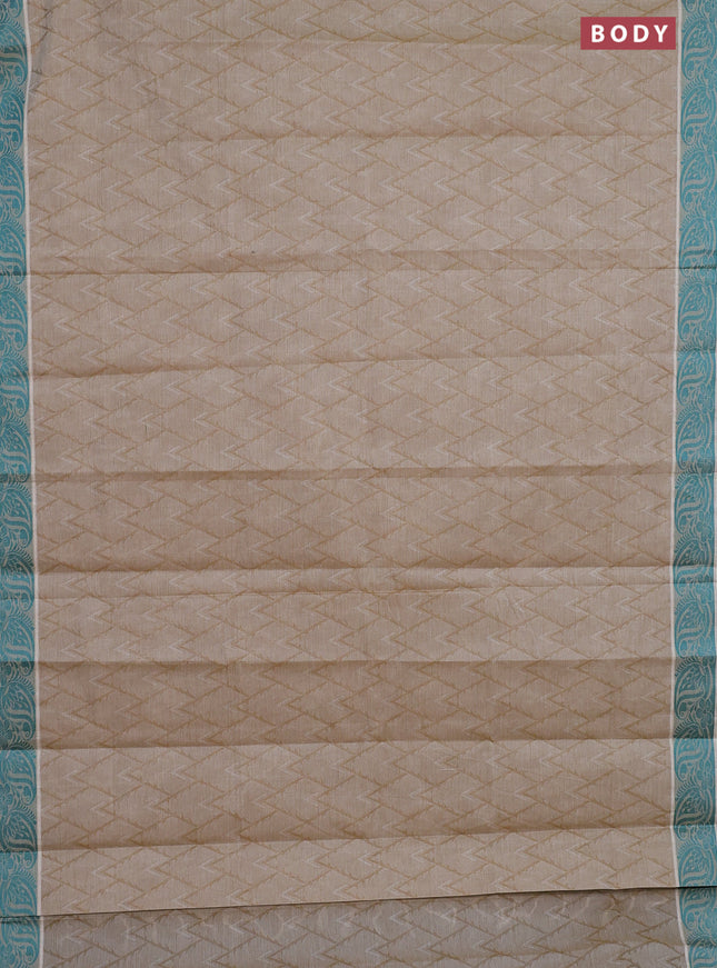 Coimbatore cotton saree dark sandal and teal green with allover self emboss and thread woven border