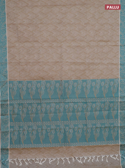 Coimbatore cotton saree dark sandal and teal green with allover self emboss and thread woven border