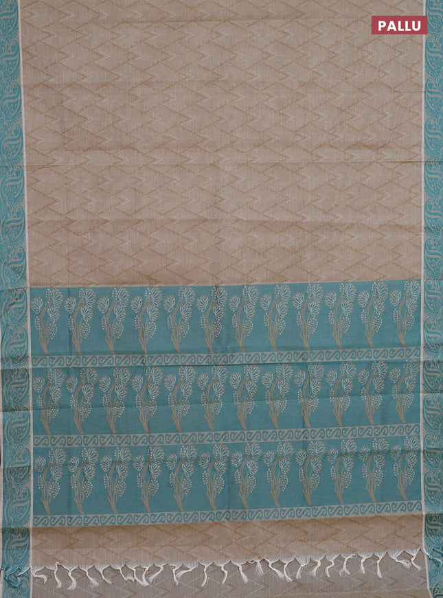 Coimbatore cotton saree dark sandal and teal green with allover self emboss and thread woven border