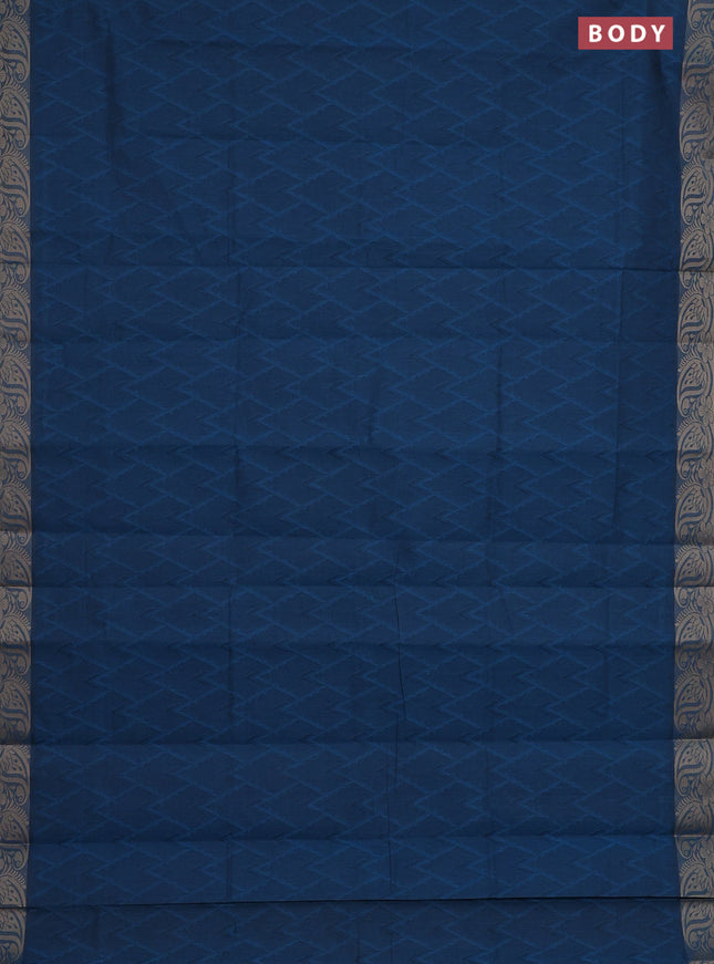 Coimbatore cotton saree peacock blue with allover self emboss and thread woven border