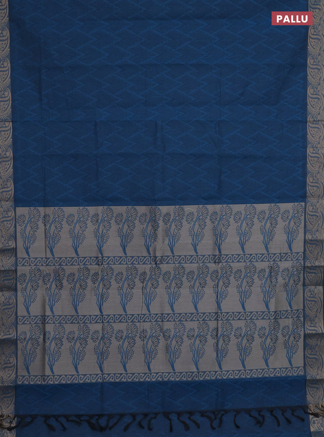 Coimbatore cotton saree peacock blue with allover self emboss and thread woven border