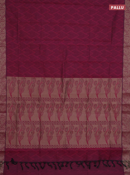 Coimbatore cotton saree dark magenta pink with allover self emboss and thread woven border