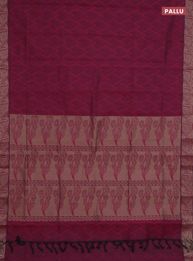 Coimbatore cotton saree dark magenta pink with allover self emboss and thread woven border