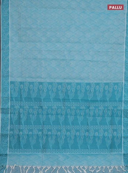 Coimbatore cotton saree teal blue with allover self emboss and thread woven border