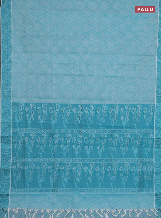 Coimbatore cotton saree teal blue with allover self emboss and thread woven border