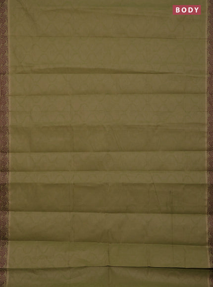 Coimbatore cotton saree sap green and coffee brown with allover self emboss and thread woven border