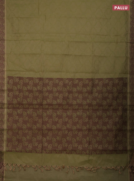 Coimbatore cotton saree sap green and coffee brown with allover self emboss and thread woven border