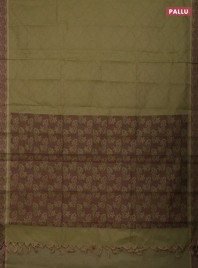 Coimbatore cotton saree sap green and coffee brown with allover self emboss and thread woven border
