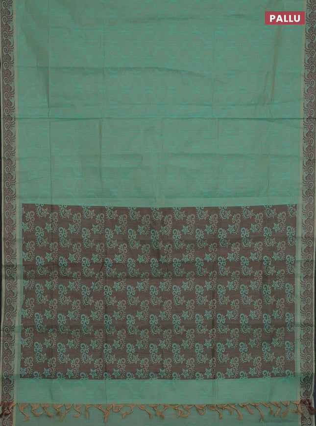 Coimbatore cotton saree dual shade of teal blue and coffee brown with allover self emboss and thread woven border
