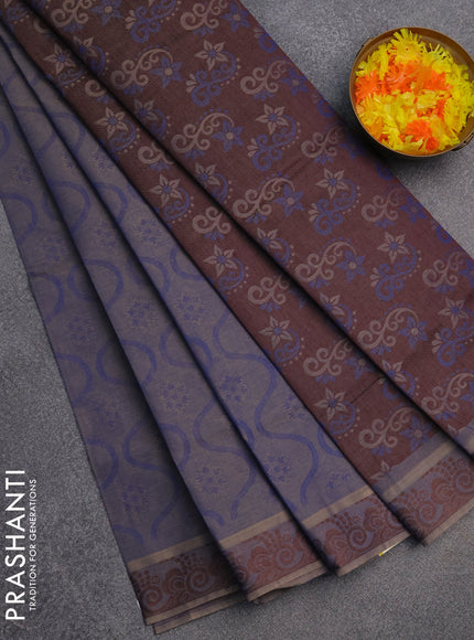 Coimbatore cotton saree dual shade of blue and coffee brown with allover self emboss and thread woven border