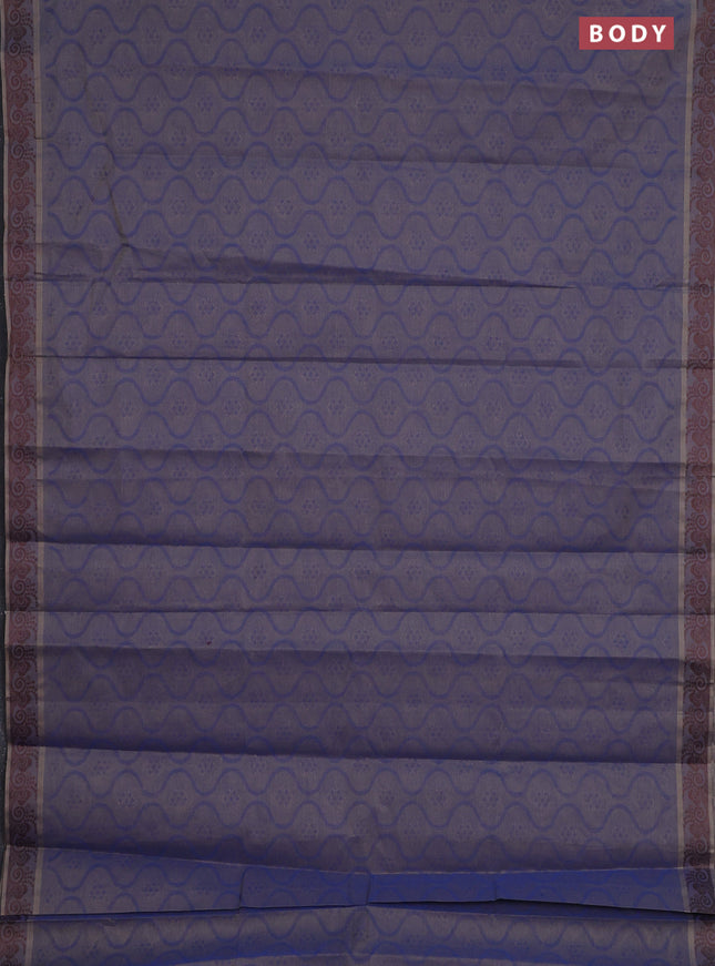 Coimbatore cotton saree dual shade of blue and coffee brown with allover self emboss and thread woven border