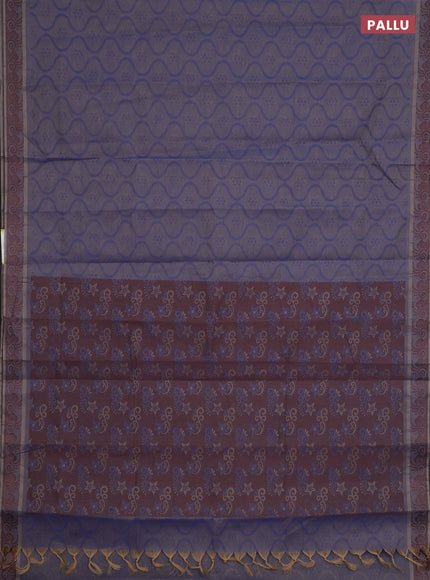 Coimbatore cotton saree dual shade of blue and coffee brown with allover self emboss and thread woven border