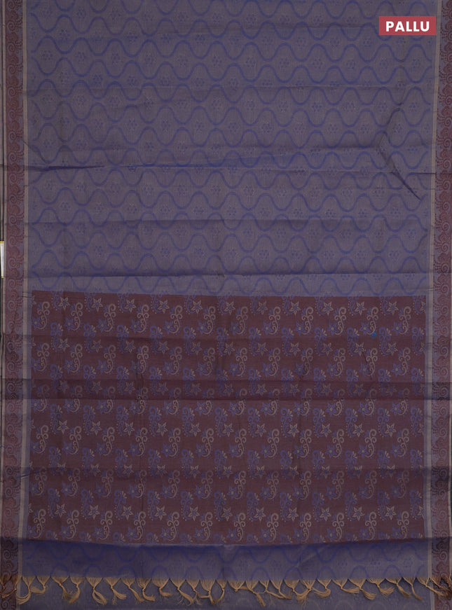Coimbatore cotton saree dual shade of blue and coffee brown with allover self emboss and thread woven border