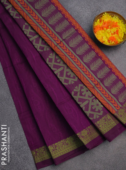 Coimbatore cotton saree purple and light green with allover self emboss and thread woven border