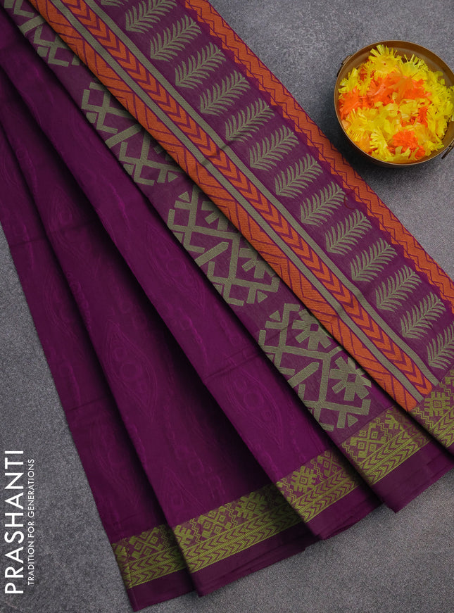Coimbatore cotton saree purple and light green with allover self emboss and thread woven border