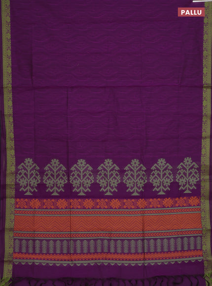 Coimbatore cotton saree purple and light green with allover self emboss and thread woven border