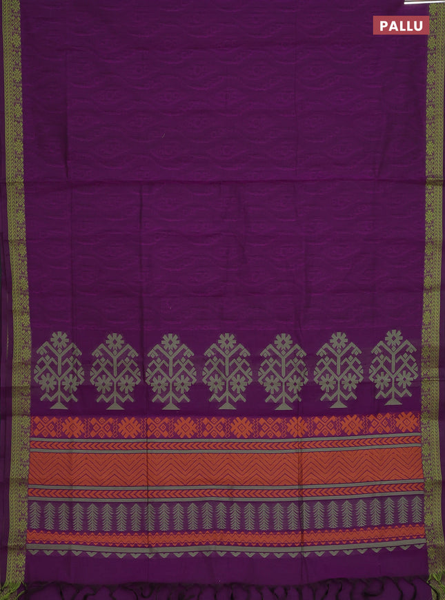 Coimbatore cotton saree purple and light green with allover self emboss and thread woven border