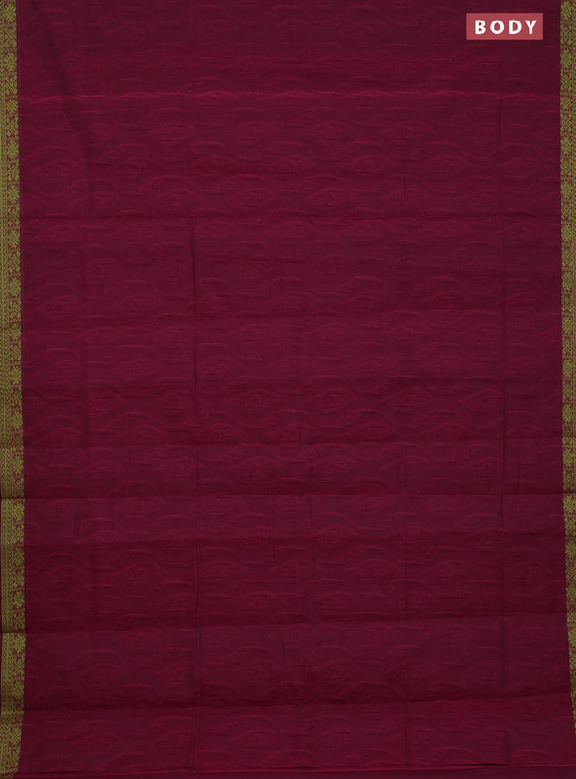Coimbatore cotton saree magenta pink and light green with allover self emboss and thread woven border