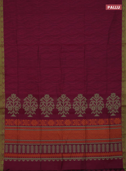 Coimbatore cotton saree magenta pink and light green with allover self emboss and thread woven border