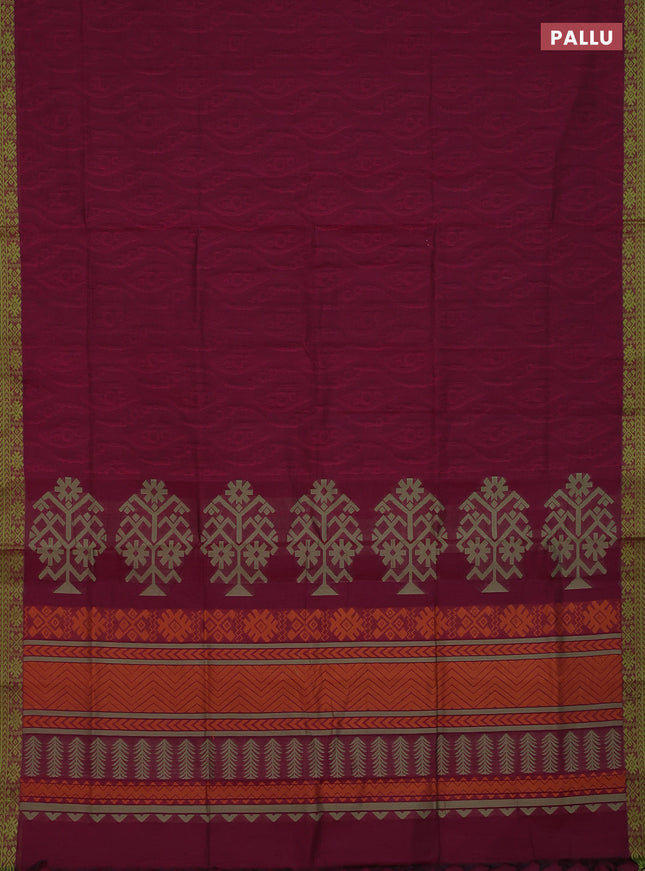 Coimbatore cotton saree magenta pink and light green with allover self emboss and thread woven border