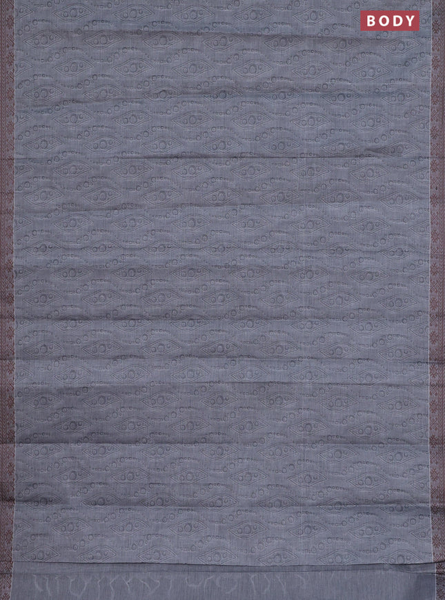 Coimbatore cotton saree grey and coffee brown with allover self emboss and thread woven border