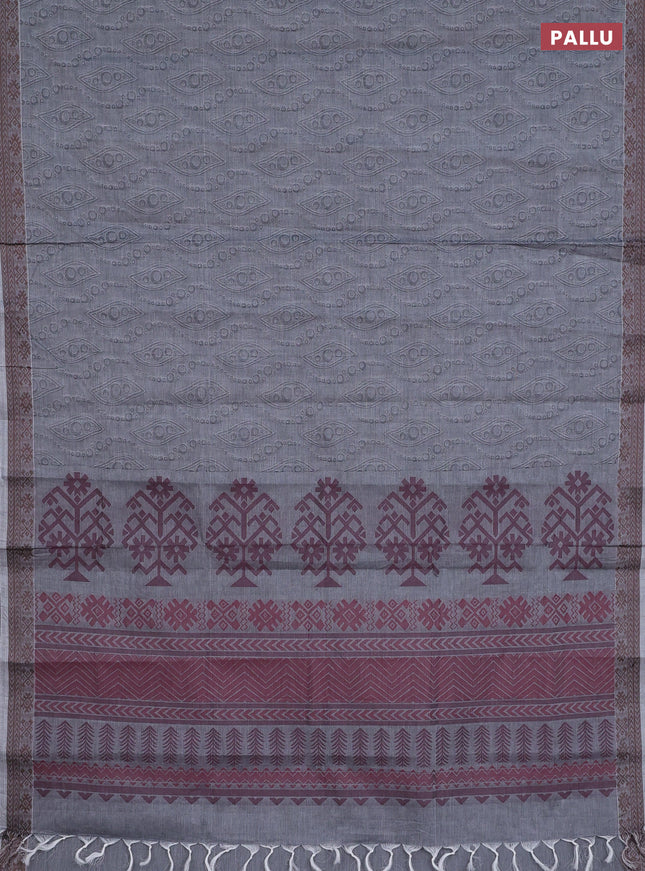 Coimbatore cotton saree grey and coffee brown with allover self emboss and thread woven border