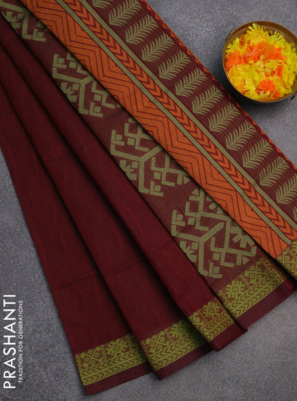 Coimbatore cotton saree maroon and light green with allover self emboss and thread woven border