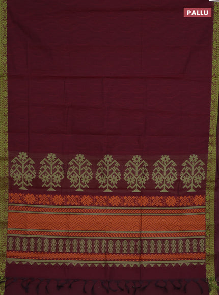 Coimbatore cotton saree maroon and light green with allover self emboss and thread woven border