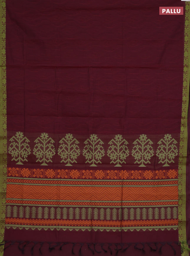 Coimbatore cotton saree maroon and light green with allover self emboss and thread woven border