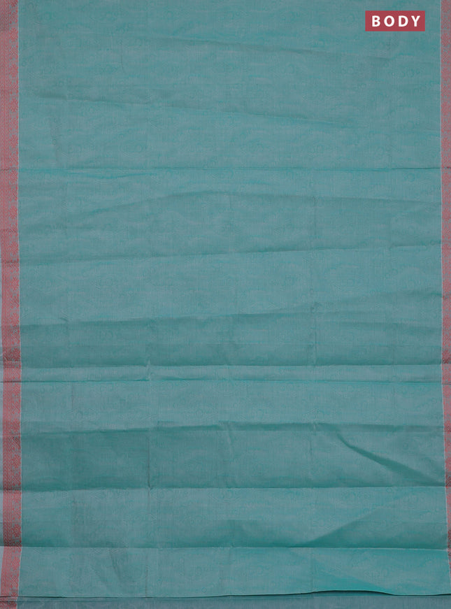 Coimbatore cotton saree teal blue and orange with allover self emboss and thread woven border