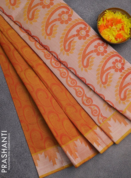 Coimbatore cotton saree dual shade of pinkish yellow with allover self emboss and thread woven border