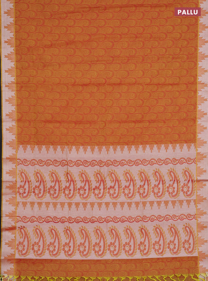 Coimbatore cotton saree dual shade of pinkish yellow with allover self emboss and thread woven border