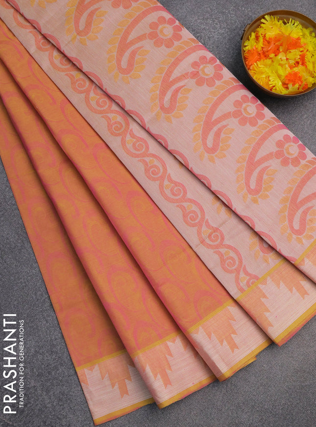 Coimbatore cotton saree dual shade of yellowish light pink with allover self emboss and thread woven border