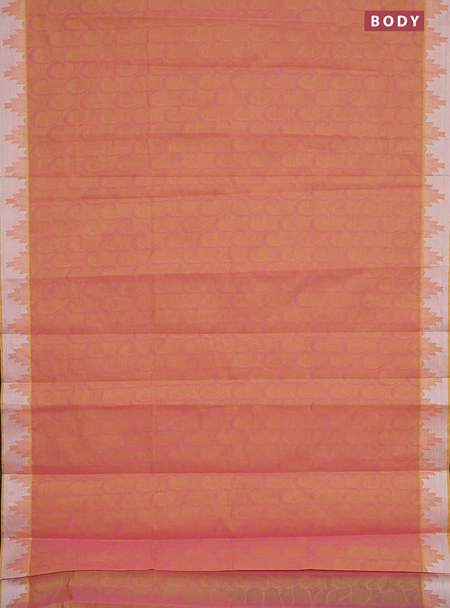 Coimbatore cotton saree dual shade of yellowish light pink with allover self emboss and thread woven border