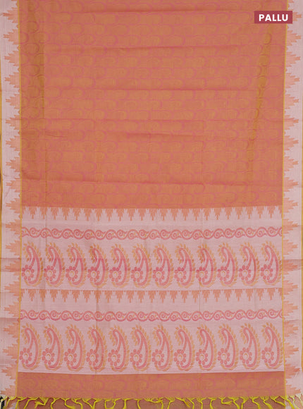 Coimbatore cotton saree dual shade of yellowish light pink with allover self emboss and thread woven border