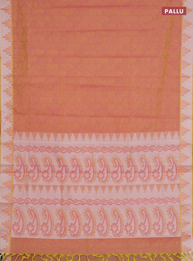 Coimbatore cotton saree dual shade of yellowish light pink with allover self emboss and thread woven border