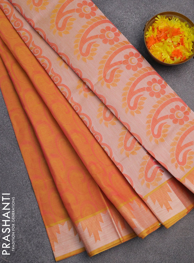 Coimbatore cotton saree dual shade of yellowish pink with allover self emboss and thread woven border