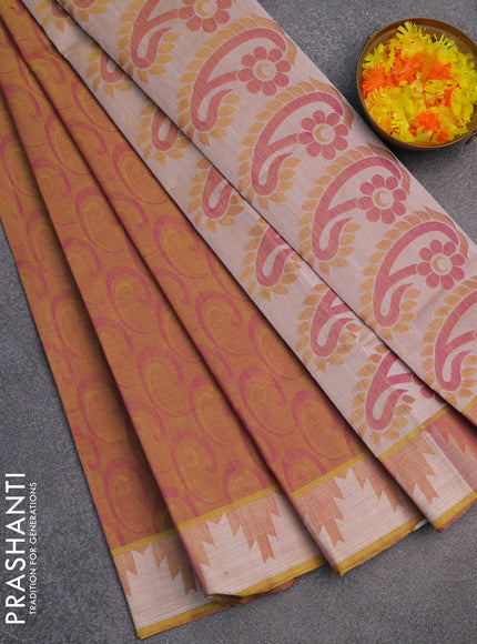 Coimbatore cotton saree dual shade of yellowish purple with allover self emboss and thread woven border
