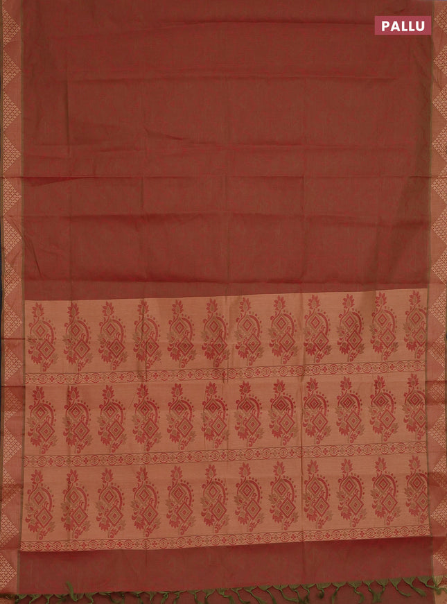 Coimbatore cotton saree dual shade of greenish maroon with allover self emboss and thread woven border