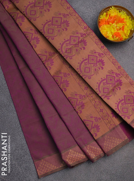 Coimbatore cotton saree dual shade of greenish violet with allover self emboss and thread woven border