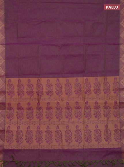 Coimbatore cotton saree dual shade of greenish violet with allover self emboss and thread woven border
