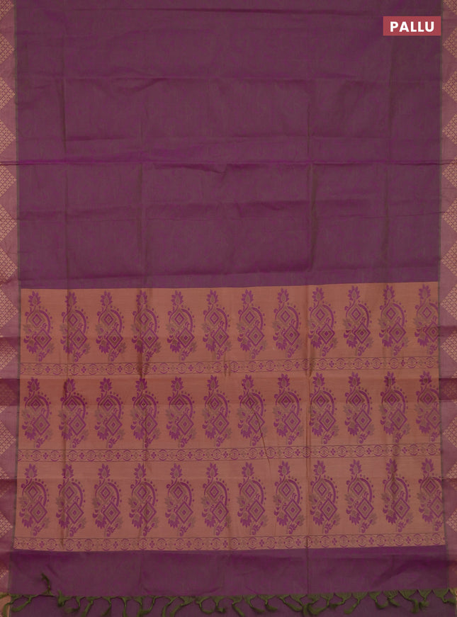 Coimbatore cotton saree dual shade of greenish violet with allover self emboss and thread woven border