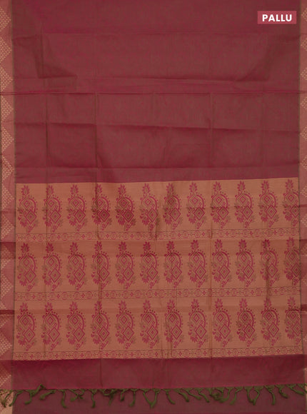 Coimbatore cotton saree dual shade of pinkish green with allover self emboss and thread woven border