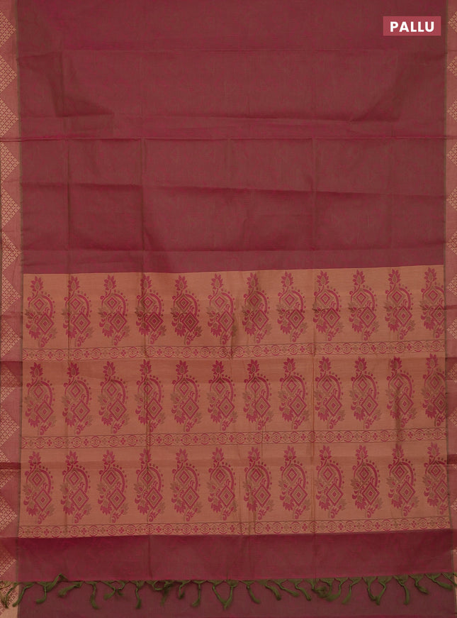 Coimbatore cotton saree dual shade of pinkish green with allover self emboss and thread woven border